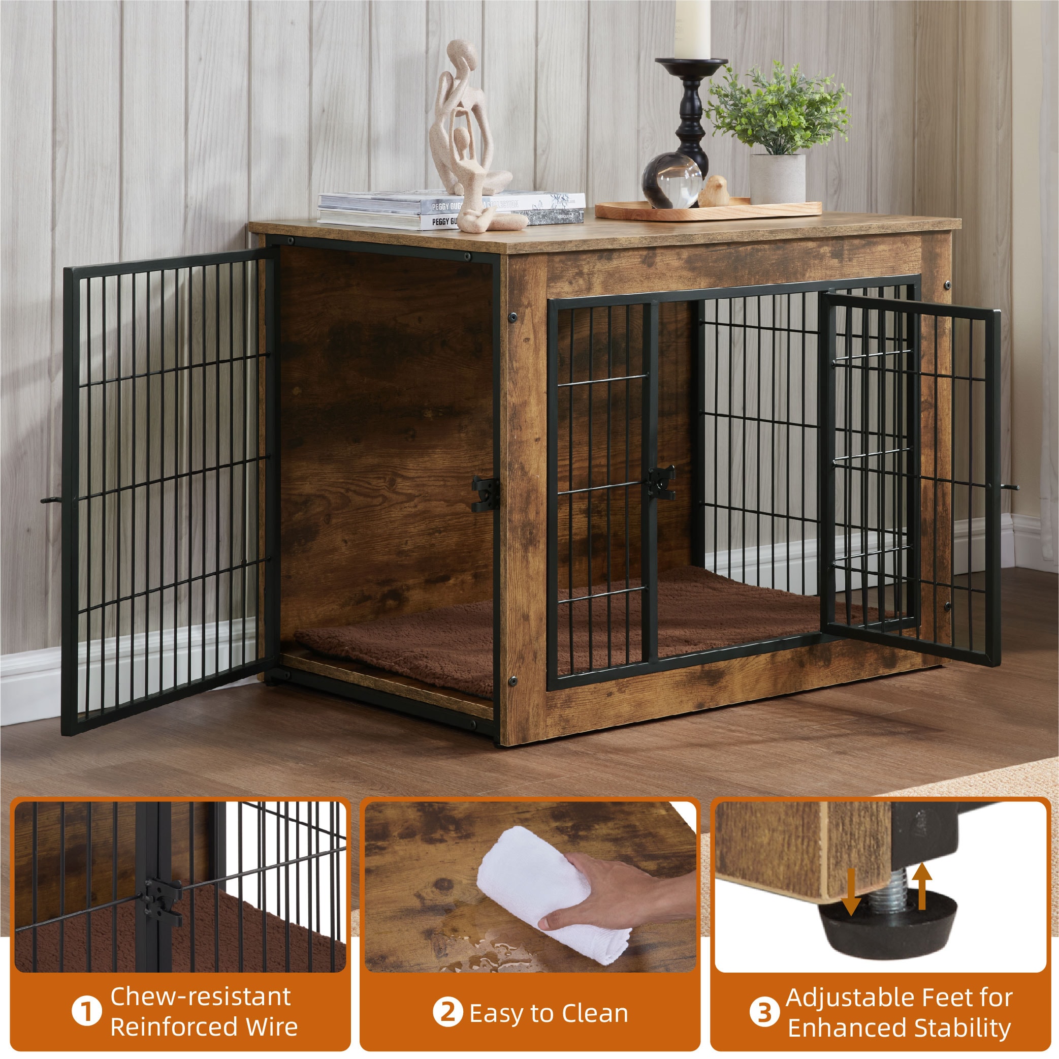 Dog Crate Furniture With Cushion, Wooden Dog Kennel Furniture, Heavy Duty Dog Cage, 40" Dog Kennel With Double Doors, Dog Crates For Large Dogs, Rustic Brown, L_voghion.com